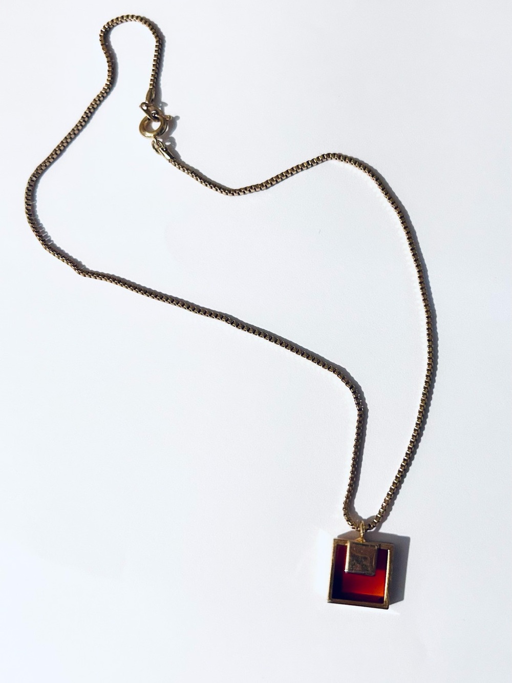 Vintage 14 Inch Gold Chain Necklace with Amber and Gold Tone Square Pendant